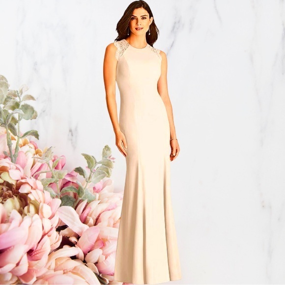 New Dessy Cameo Blush Lace Back Dress, Bridesmaid Formal Champagne - Picture 1 of 9